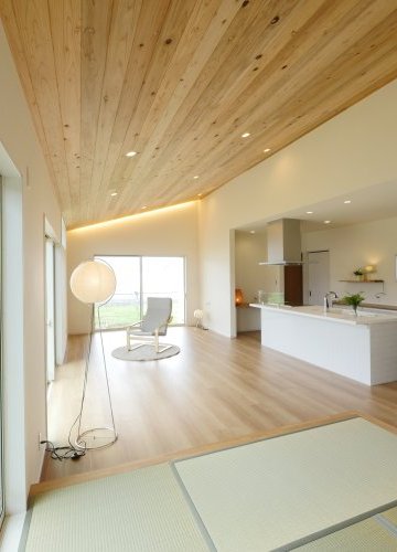 大開口の窓で採光性抜群の勾配天井のある平屋　